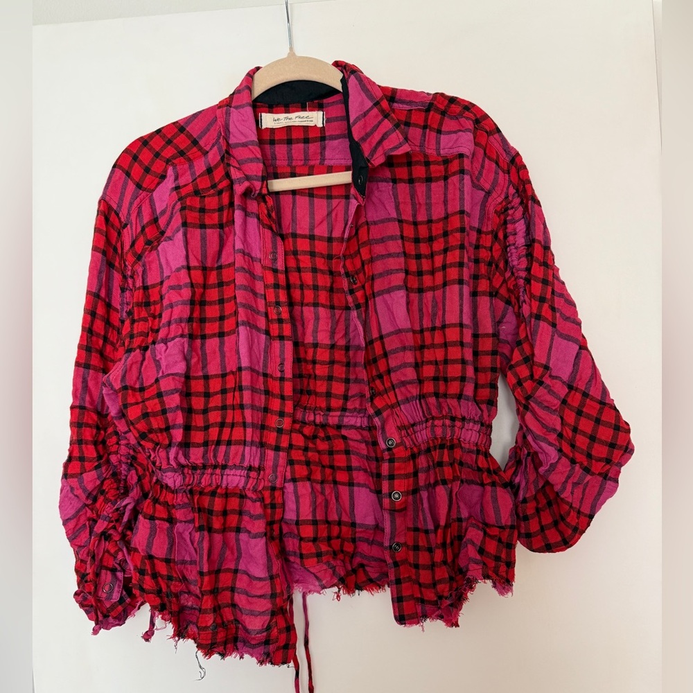 Free People We the Free pink plaid Pacific Dawn snap front blouse XS